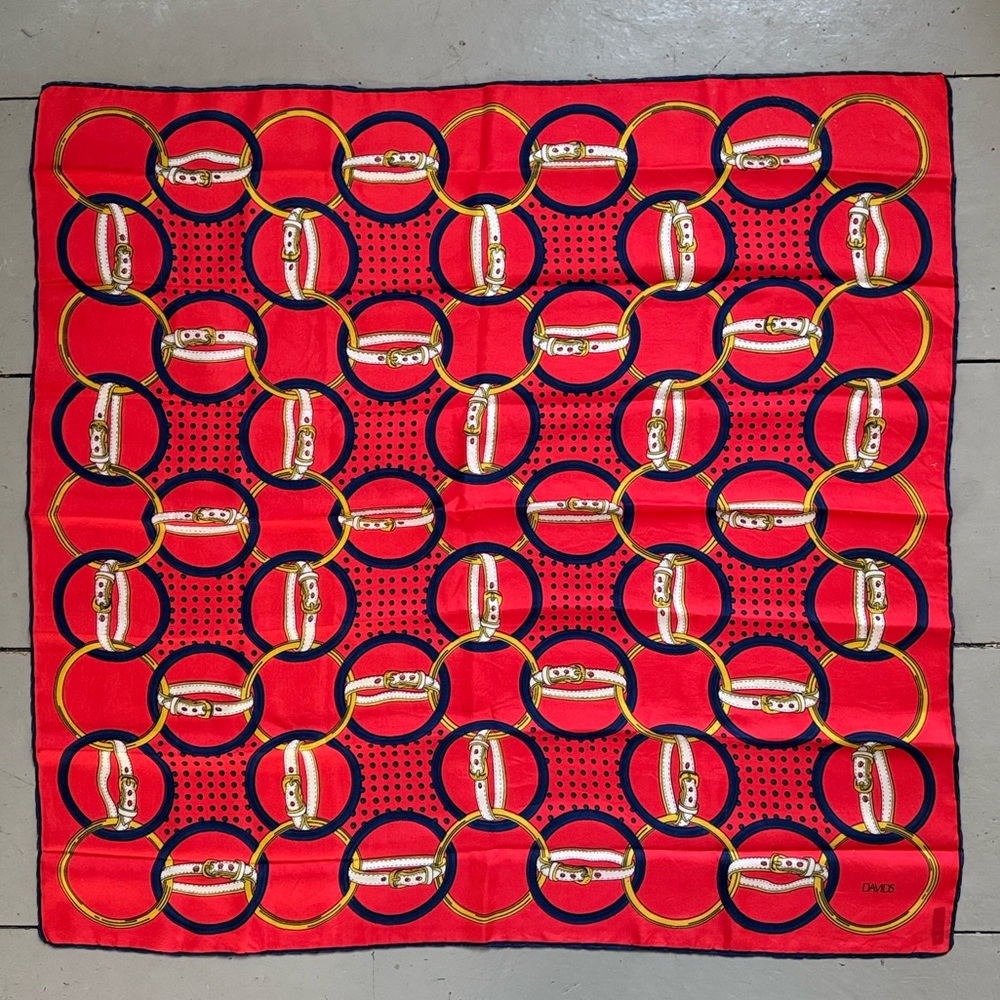 SILK 30” Equestrian & Dot Scarf 🇨🇦 DAVIDS Vintage RED NAVY GOLD TAUPE 1 Mark EVC - Picture 4 of 5